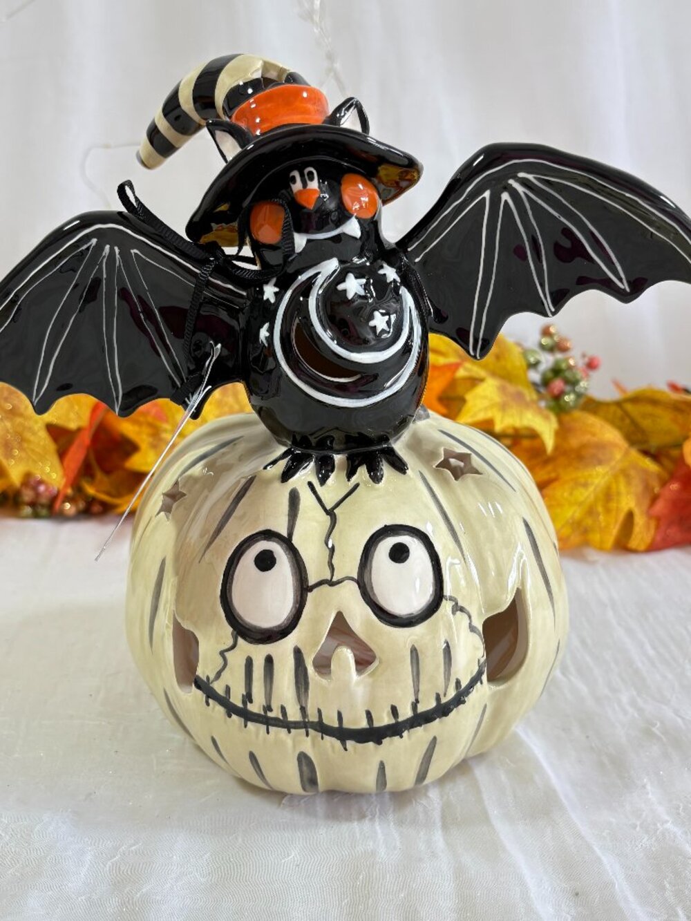 Blue Sky Clayworks Halloween Bat On Gray Pumpkin Tealight Candle Holder-RARE HTF